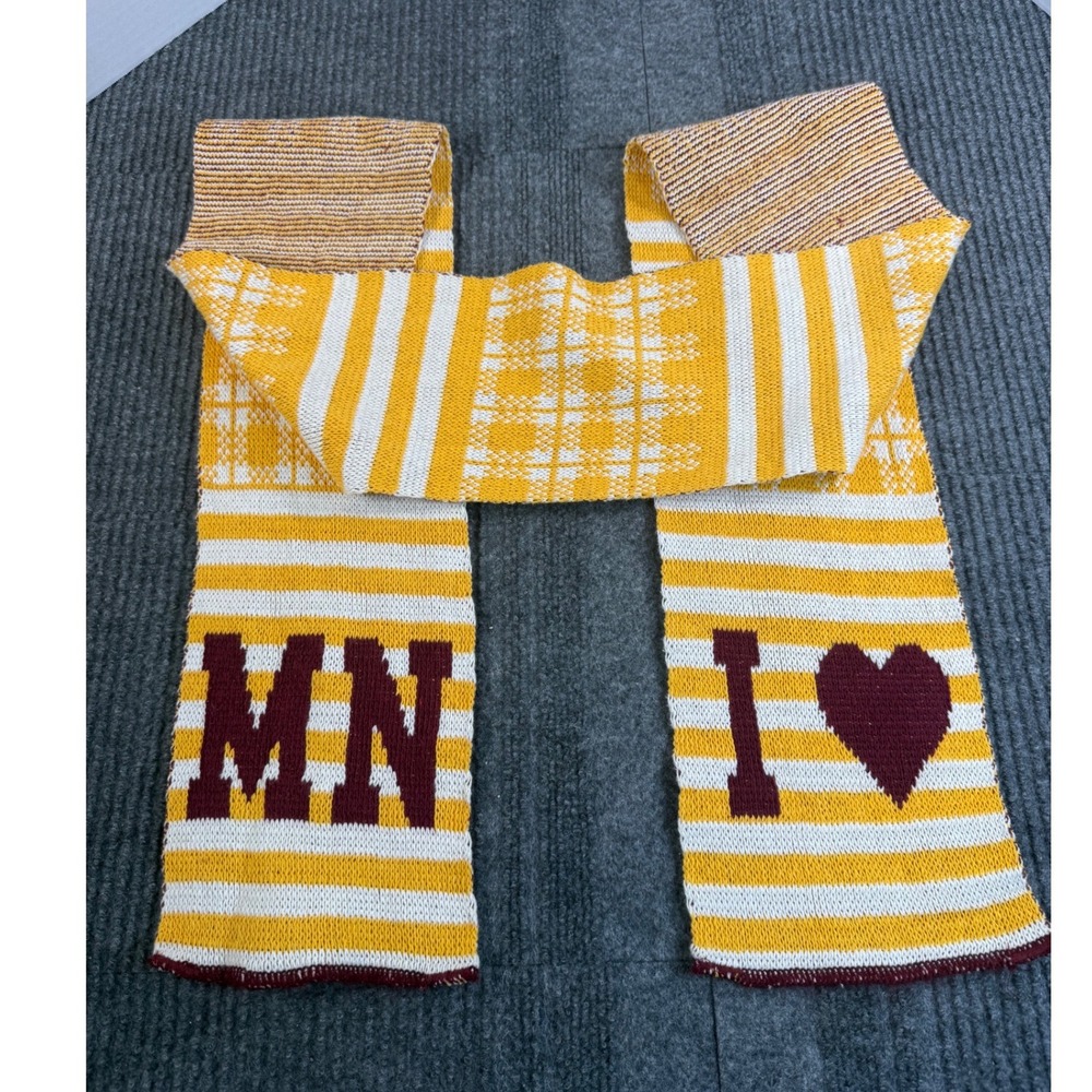 Green 3 Minnesota MN Heart Striped Knit Scarf Yellow White Maroon Made in USA